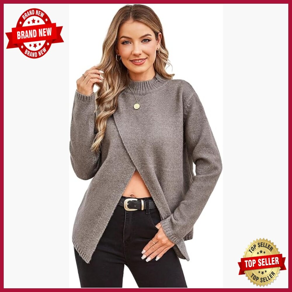 Mock Neck Pullover Sweater Split Front Rib Knit L… - image 1